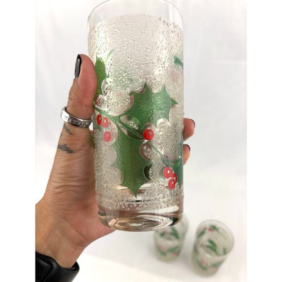 VTG Fred Press Holiday Ice Frosted Holly Leaves & Berries Glasses Set of 3 MCM - Picture 7 of 13